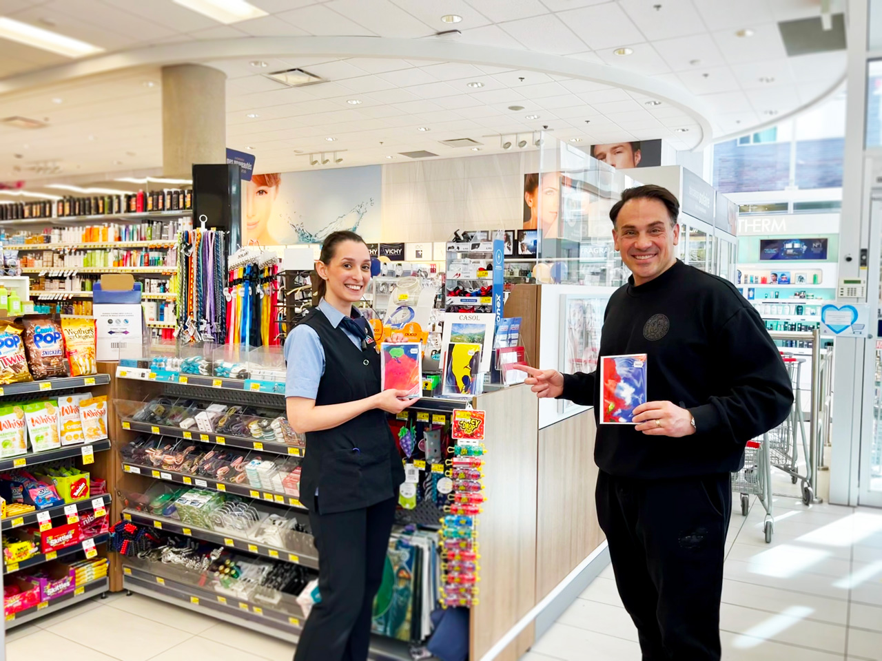 Julie Ashour and Mickael Casol, launch of the Casol wish cards at Jean Coutu in Griffintown : 1224 Notre-Dame Ouest street, Montreal, Canada, March 20, 2024